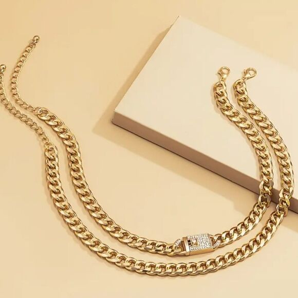 2 Pcs Statement Chunky Chain Necklace Set Inlaid with Shiny Rhinestones - Picture 10 of 11